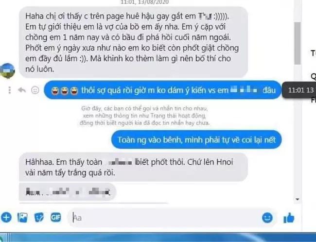 Tin nhắn được cho là vợ anh T. Ảnh FB Tin nhắn được cho là vợ anh T. Ảnh FB
