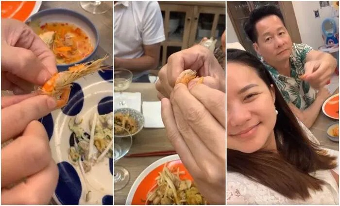 Không chỉ thế cô còn được ông xã tự tay bóc tôm đút cho. Ảnh internet