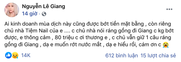 Lê Giang than thở về việc kinh doanh. Ảnh chụp màn hình Lê Giang than thở về việc kinh doanh. Ảnh chụp màn hình