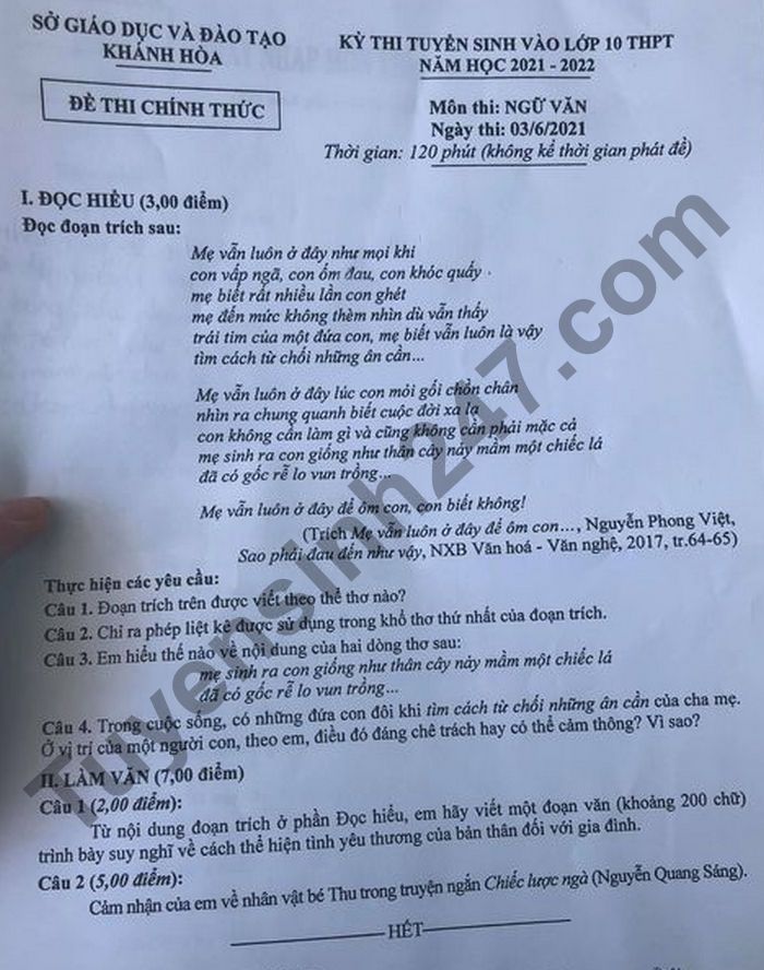 Đề thi môn Ngữ Văn thi vào lớp 10 của tỉnh Khánh Hòa 2021. Ảnh tuyensinh247 Đề thi môn Ngữ Văn thi vào lớp 10 của tỉnh Khánh Hòa 2021. Ảnh tuyensinh247