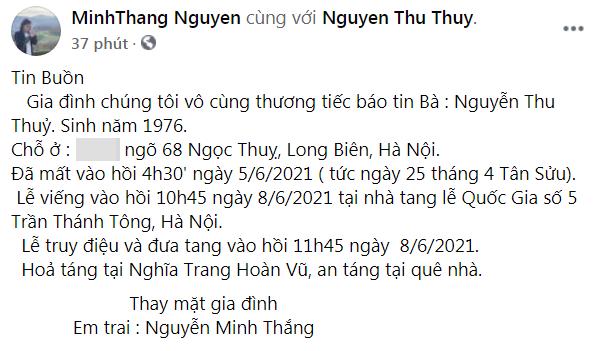 Hình ảnh cáo phó tang lễ từ gia đình hoa hậu Nguyễn Thu Thủy. Hình ảnh cáo phó tang lễ từ gia đình hoa hậu Nguyễn Thu Thủy.