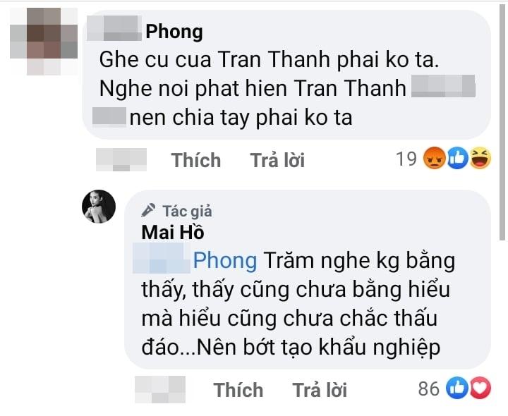 Mai Hồ bức xúc trước bình luận kém duyên. Ảnh chụp màn hình Mai Hồ bức xúc trước bình luận kém duyên. Ảnh chụp màn hình