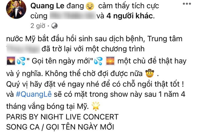 Quang Lê cũng chia sẻ về sự kiện này. Ảnh internet Quang Lê cũng chia sẻ về sự kiện này. Ảnh internet
