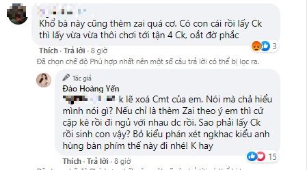 Hoàng Yến đáp trả lại những bình luận kém duyên trên mạng xã hội. Ảnh chụp màn hình Hoàng Yến đáp trả lại những bình luận kém duyên trên mạng xã hội. Ảnh chụp màn hình