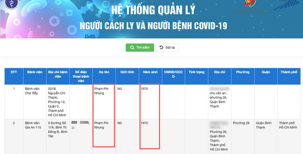 Phi Nhung có tên trên danh sách quản lý người cách ly và người bệnh Covid-19 ở TP HCM. Ảnh chụp màn hình