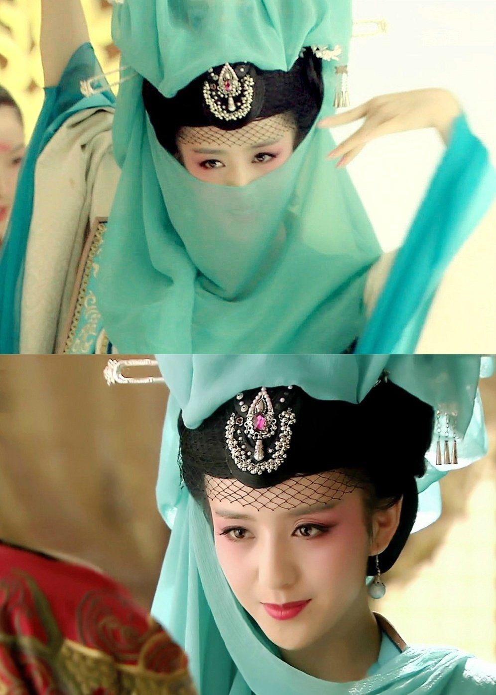 Đồng Lệ Á dù trang điểm đậm nhưng vẫn không thể nào chê được nhan sắc của 'đệ nhất mỹ nhân Tân Cương'.