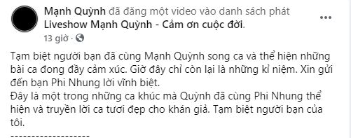 Lời tiễn biệt đầy xót xa của Mạnh Quỳnh đến Phi Nhung. Ảnh chụp màn hình Lời tiễn biệt đầy xót xa của Mạnh Quỳnh đến Phi Nhung. Ảnh chụp màn hình