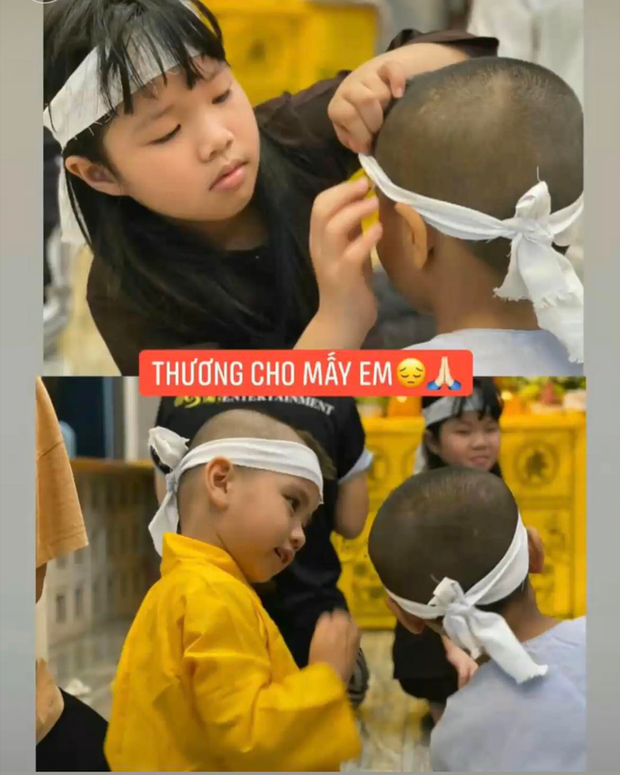 Hình ảnh đàn con nuôi còn nhỏ đội tang cho mẹ Phi Nhung.