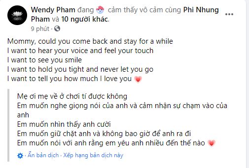 Lời chia sẻ xót xa của con gái Phi Nhung. Ảnh chụp màn hình
