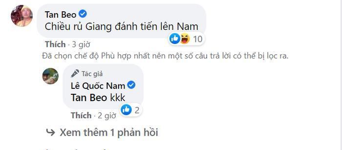 Tấn Beo cũng bình luận hài hước dưới bài viết của Lê Quốc Nam. Ảnh chụp màn hình