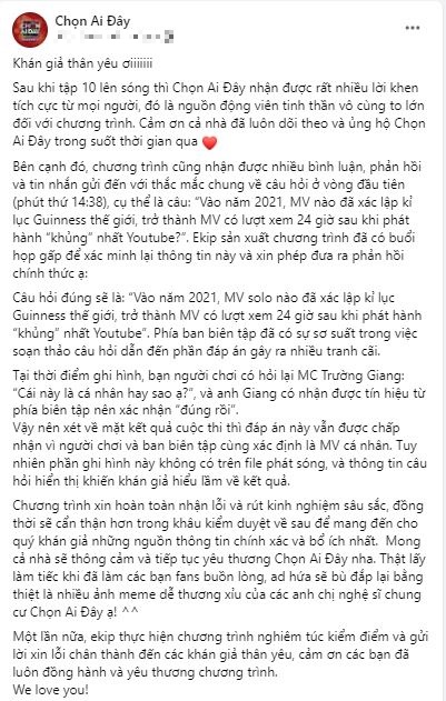 Phía ekip chương trình lên tiếng xin lỗi. Ảnh chụp màn hình Phía ekip chương trình lên tiếng xin lỗi. Ảnh chụp màn hình