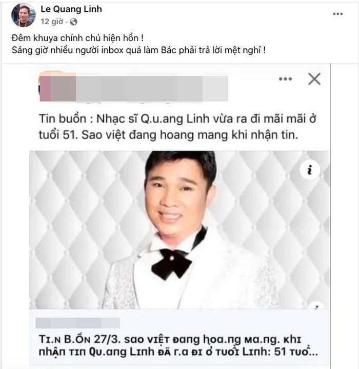 Ca sĩ Quang Linh bức xúc khi bị đồn qua đời. Ảnh chụp màn hình Ca sĩ Quang Linh bức xúc khi bị đồn qua đời. Ảnh chụp màn hình