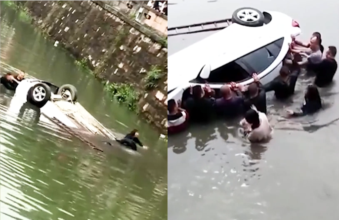 Nhiều người hợp sức giải cứu các nạn nhân trong xe. Ảnh cắt từ clip