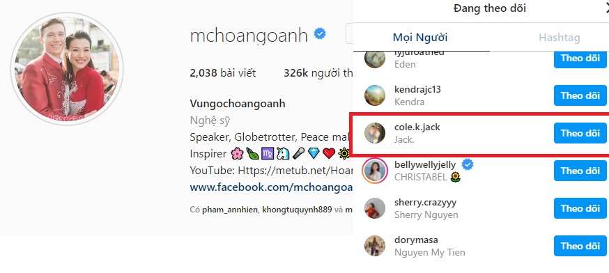 Hoàng Oanh vẫn theo dõi chồng cũ dù ly hôn. Ảnh chụp màn hình