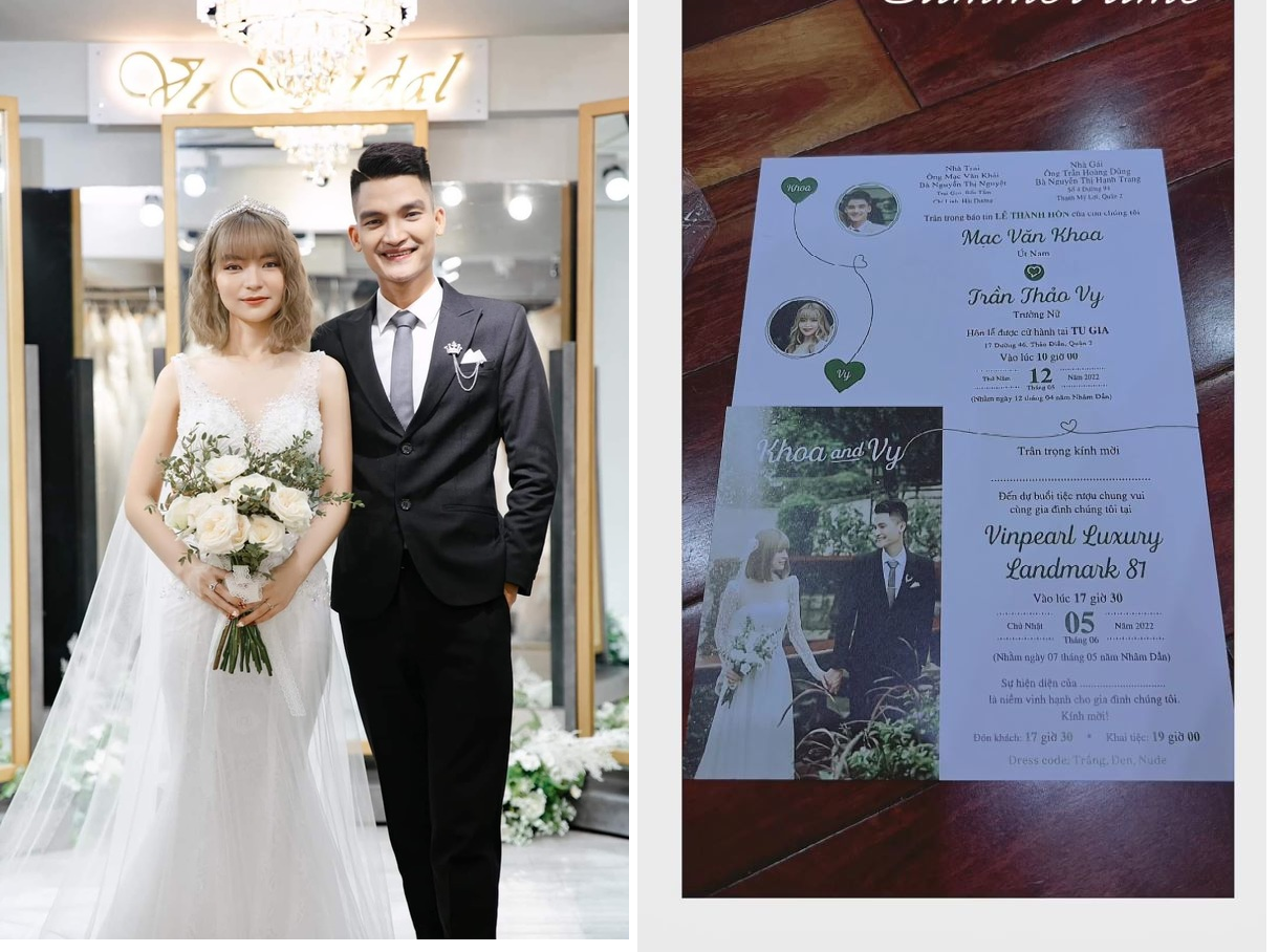 Mạc Văn Khoa và bà xã Vy Pumpe cũng đang bận rộn chuẩn bị cho đám cưới của mình. Cả hai lựa chọn màu sắc trắng - xanh hài hòa tạo cảm giác mát mắt. Điều đặc biệt là trong bức ảnh còn có sự xuất hiện của ái nữ đầu lòng - Minnie.