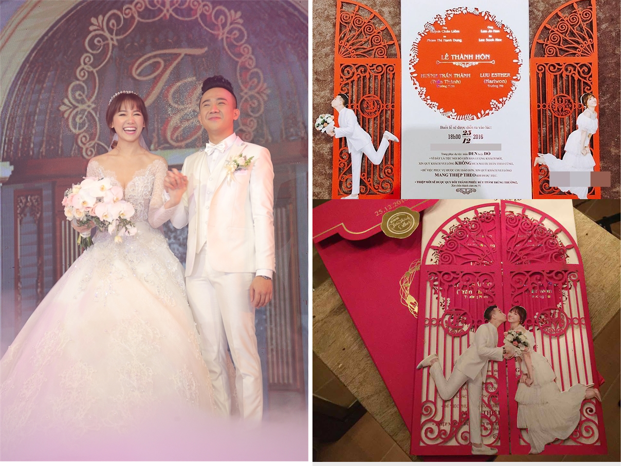 Trước đó, Trấn Thành cũng gây chú ý với thiệp cưới được đầu tư kỹ lưỡng. Vợ chồng Trấn Thành và Hari Won chọn mẫu thiệp cưới cầu kỳ nhưng không kém phần lạ mắt với hình ảnh 2 vợ chồng trên thiệp.