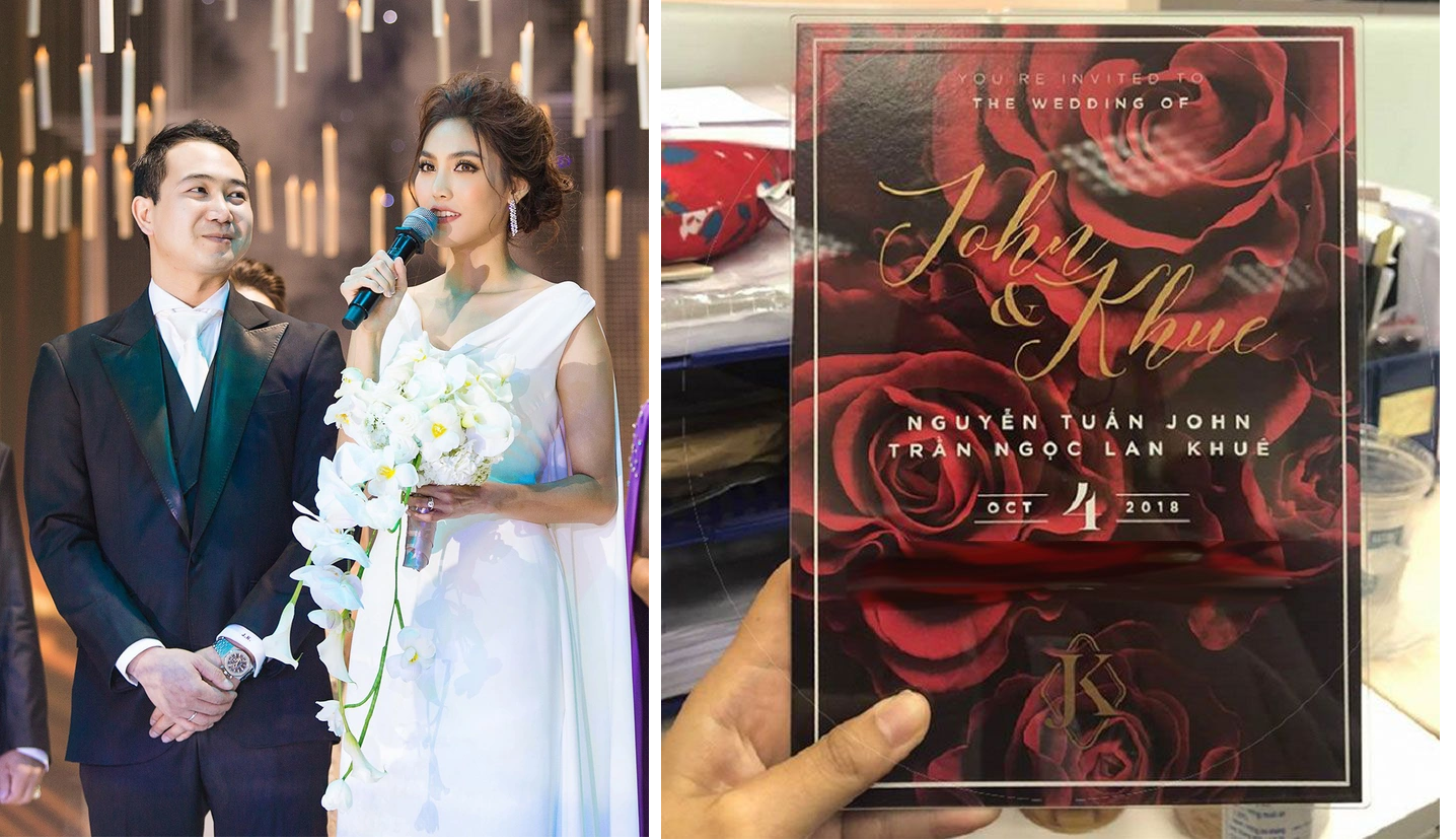 Thiệp cưới của Lan Khuê cùng doanh nhân John Tuấn Trần sử dụng chất liệu mica trong suốt. Trên nền của những bông hoa hồng đỏ thắm, font chữ đơn giản màu trắng, vàng đồng càng thêm nổi bật.