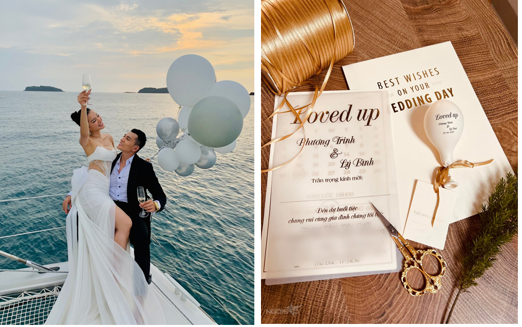 Gần đây nhất là đám cưới của Lý Bình và Phương Trinh Jolie. Cặp sắp cưới chọn chủ đề 'Loved up' cho bộ thiệp, gắn bóng bay có tên uyên ương và ngày cưới. Màu sắc thiệp được chọn dựa theo tông màu chính của hôn lễ ngày 25/4