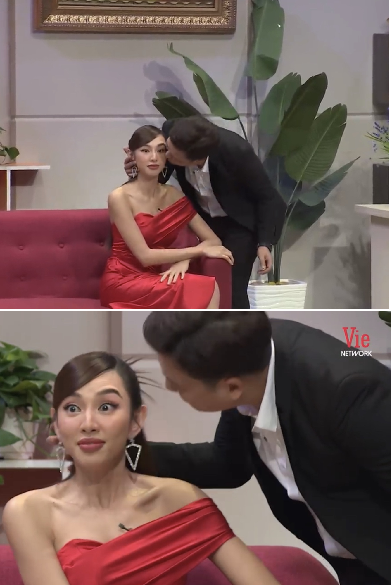 Thùy Tiên bất ngờ với nụ hôn của Trường Giang. Ảnh internet