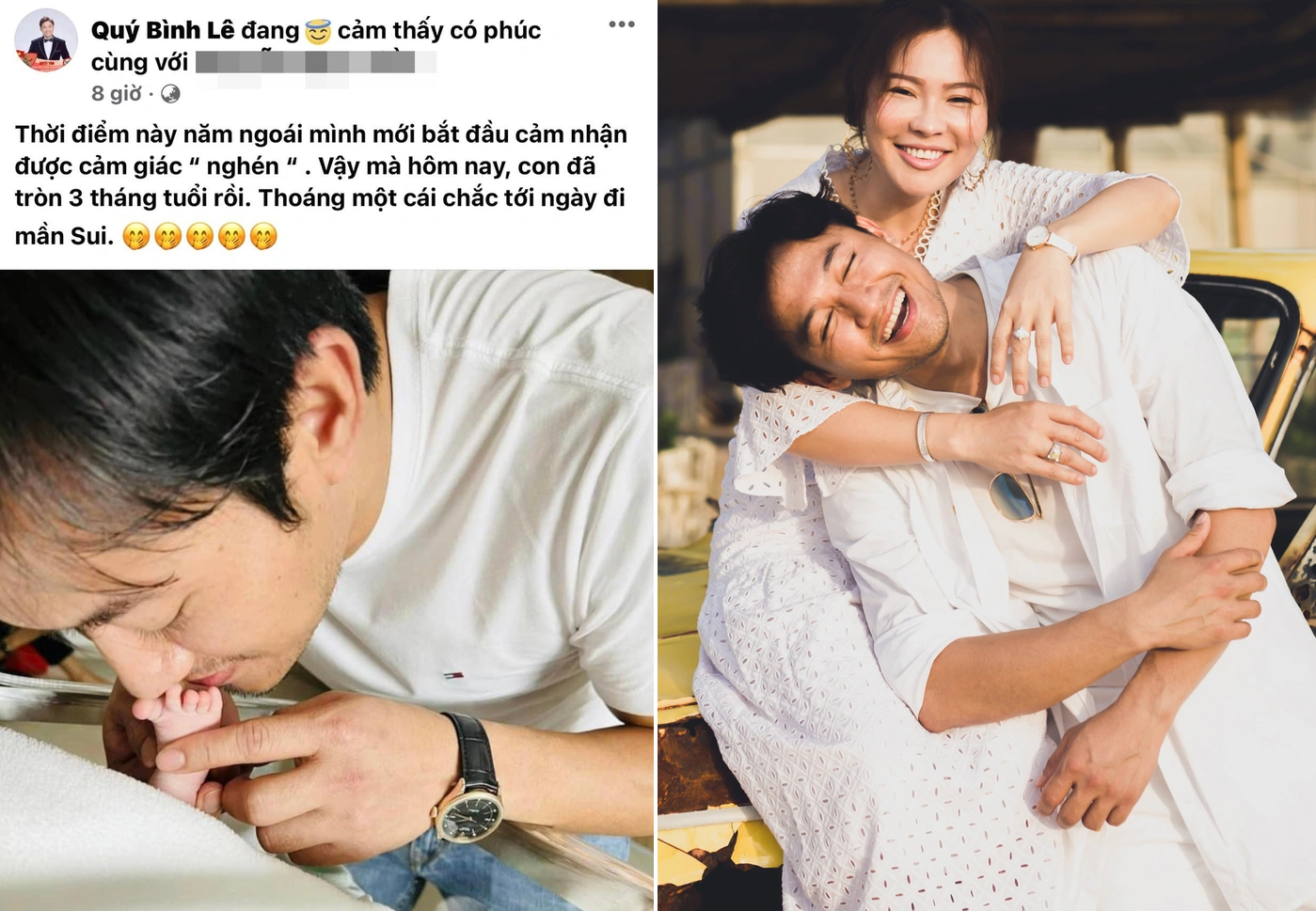 Không còn giấu giếm, Quý Bình công khai con đầu lòng với bà xã đại gia. Ảnh FBNV