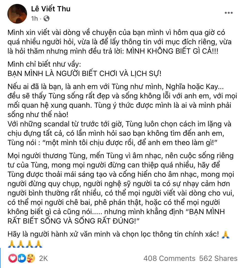 Bài đăng tải của bạn thân Sơn Tùng M-TP gây chú ý. Ảnh: Facebook