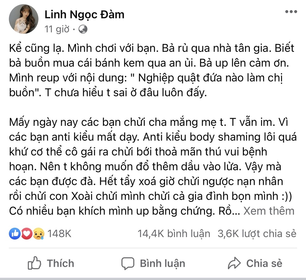 Dòng trạng thái bức xúc của Linh Ngọc Đàm trên trang cá nhân. Ảnh: Facebook Dòng trạng thái bức xúc của Linh Ngọc Đàm trên trang cá nhân. Ảnh: Facebook