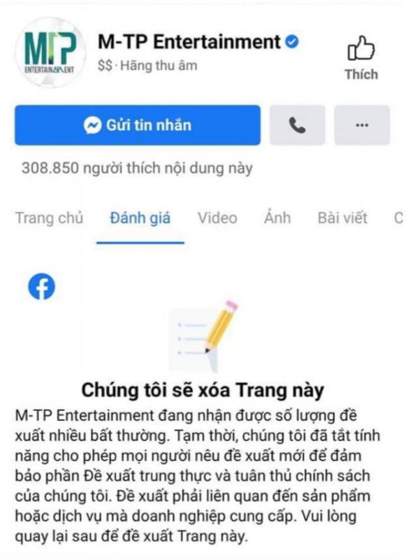 Fanpage của công ty Sơn Tùng bị cảnh báo sẽ bị xóa khỏi nền tảng Facebook. Ảnh: Facebook Fanpage của công ty Sơn Tùng bị cảnh báo sẽ bị xóa khỏi nền tảng Facebook. Ảnh: Facebook