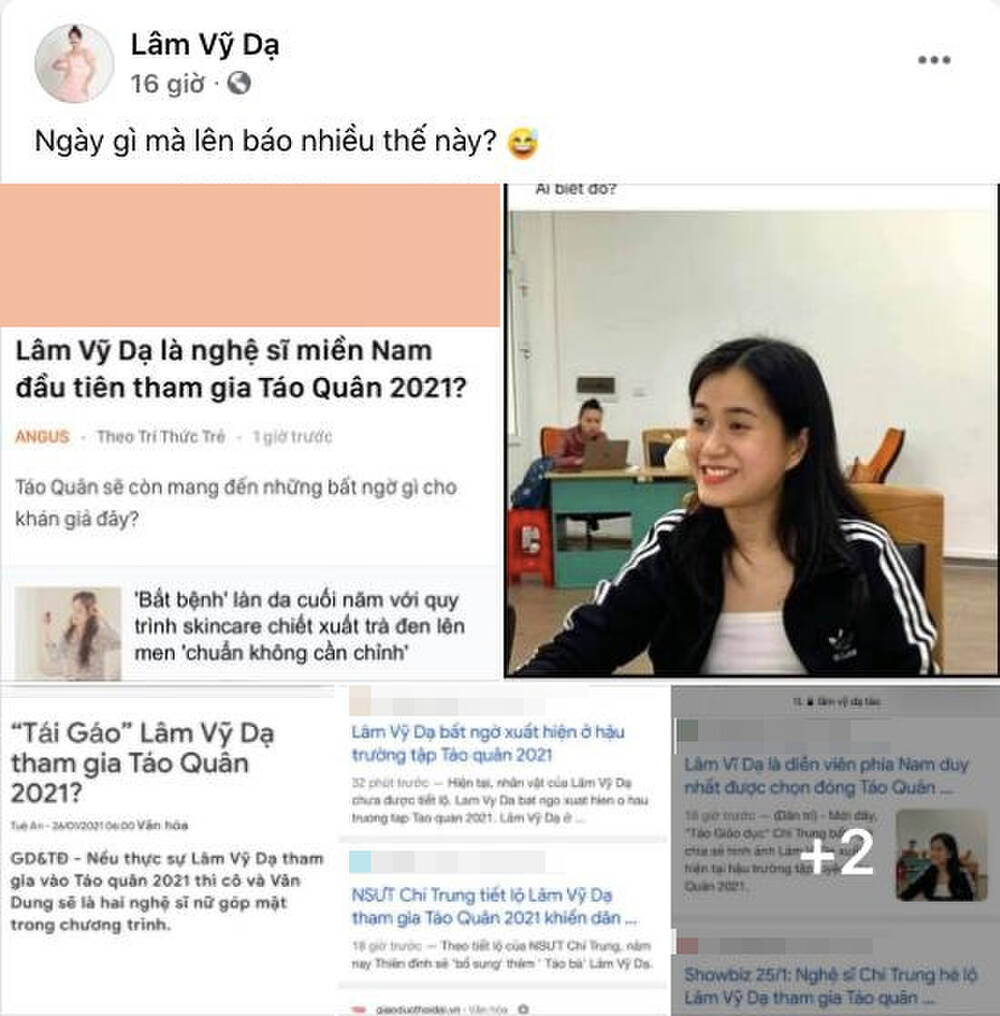 Lâm Vỹ Dạ hào hứng chia sẻ những bài viết về cô trước thông tin sẽ tham gia Táo Quân 2021. Ảnh: Facebook