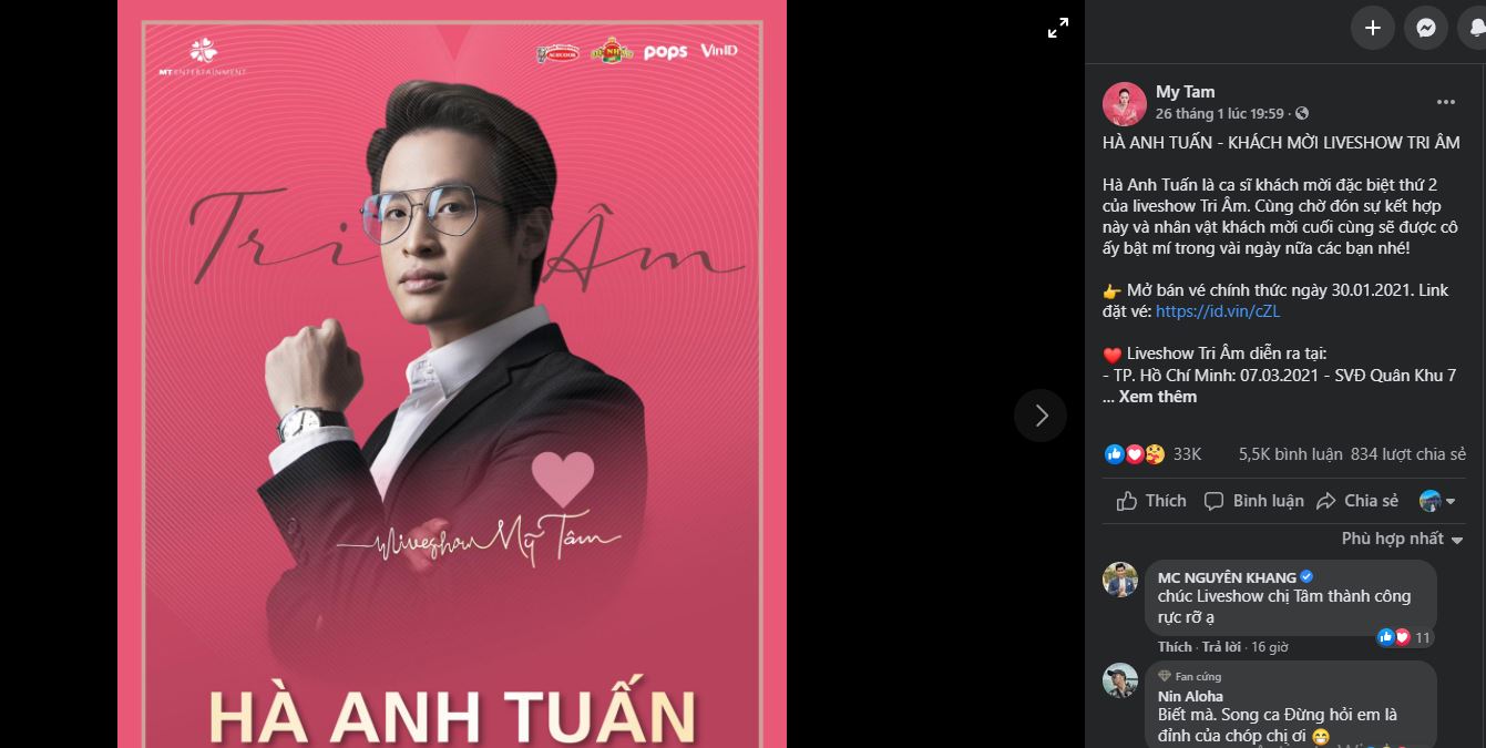 Mỹ Tâm công khai 'tình tin đồn' Hà Anh Tuấn sẽ tham gia vào liveshow của mình. Ảnh: Facebook