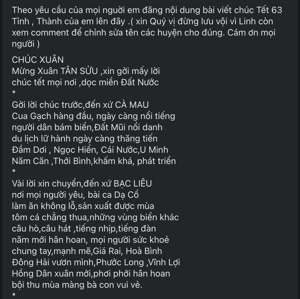 Một phần bài thơ đang gây xôn xao MXH của Hoài Linh. Ảnh: Facebook