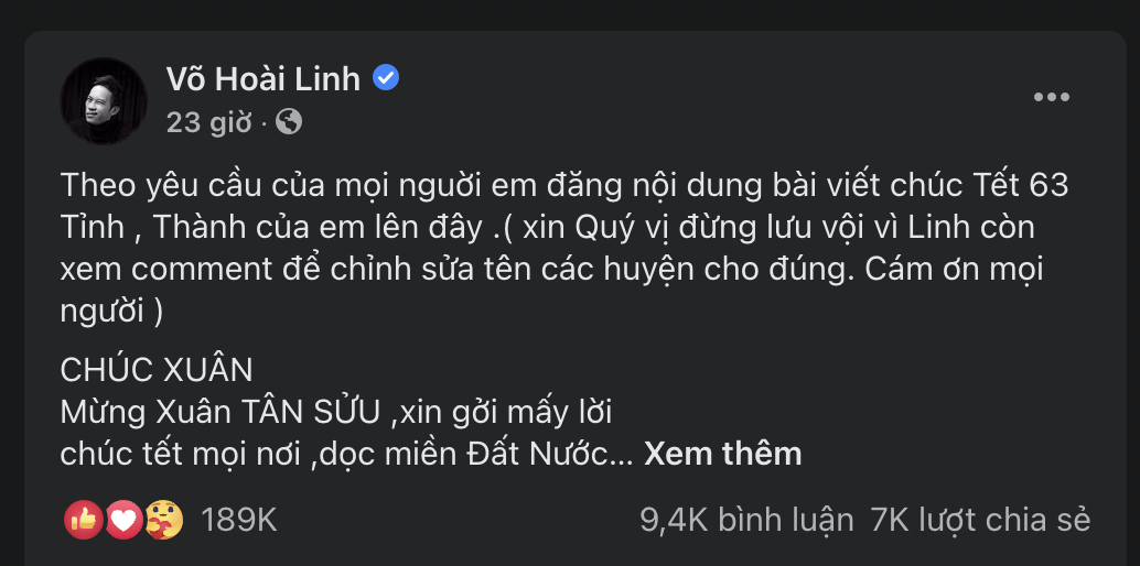 Dòng trạng thái của danh hài Hoài Linh nhanh chóng nhận được sự quan tâm của đông đảo người hâm mộ. Ảnh: Facebook