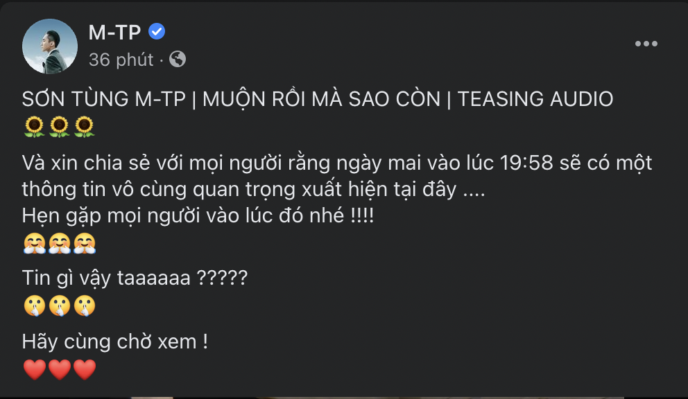 Dòng trạng thái gây chú ý của Sơn Tùng mới đây. Ảnh: Facebook