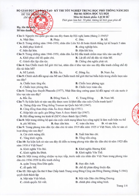 Đề thi môn Lịch Sử thi THPT Quốc Gia 2021 tất cả các mã đề chính xác nhất - Ảnh 1 Đề thi môn Lịch Sử thi THPT Quốc Gia 2021 tất cả các mã đề chính xác nhất - Ảnh 1