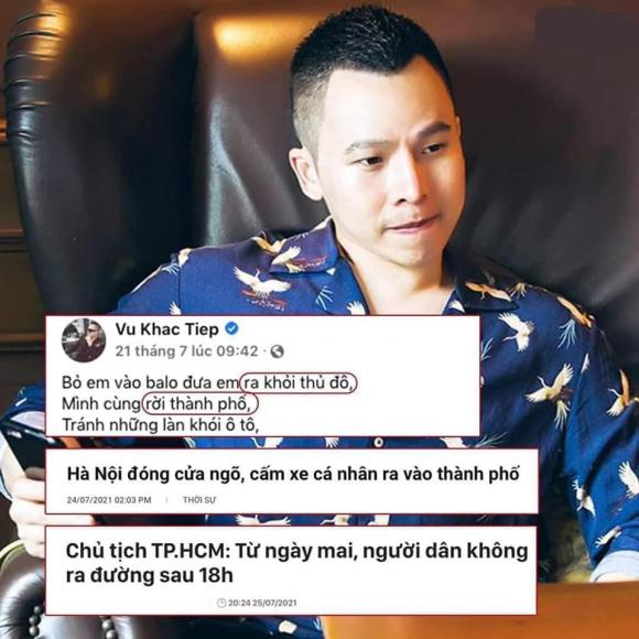 Dòng trạng thái mới đây của Vũ Khắc Tiệp trước khi Hà Nội tiến hành cách ly. Ảnh: Internet Dòng trạng thái mới đây của Vũ Khắc Tiệp trước khi Hà Nội tiến hành cách ly. Ảnh: Internet