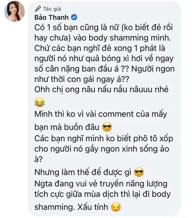 Bảo Thanh đáp trả dòng bình luận kém duyên của netizen. Ảnh: Facebook Bảo Thanh đáp trả dòng bình luận kém duyên của netizen. Ảnh: Facebook