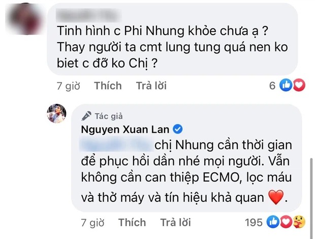 Theo tiết lộ của siêu mẫu Xuân Lan, tình hình sức khoẻ của Phi Nhung đã dần ổn định. Ảnh: Facebook Theo tiết lộ của siêu mẫu Xuân Lan, tình hình sức khoẻ của Phi Nhung đã dần ổn định. Ảnh: Facebook