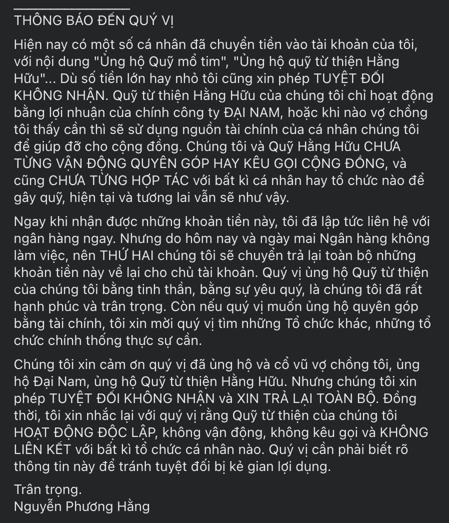 Bà Phương Hằng thẳng thừng từ chối số tiền 'bất thường' được chuyển vào tài khoản với nội dung 'Ủng hộ quỹ mổ tim' 1 Bà Phương Hằng thẳng thừng từ chối số tiền 'bất thường' được chuyển vào tài khoản với nội dung 'Ủng hộ quỹ mổ tim' 1