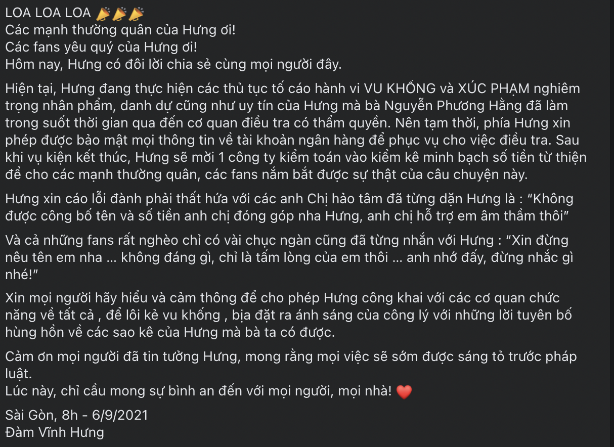 Đàm Vĩnh Hưng cáo lỗi với người hâm mộ để thực hiện cuộc chiến 'đi tìm lại công lý' cho chính mình. Ảnh: Facebook