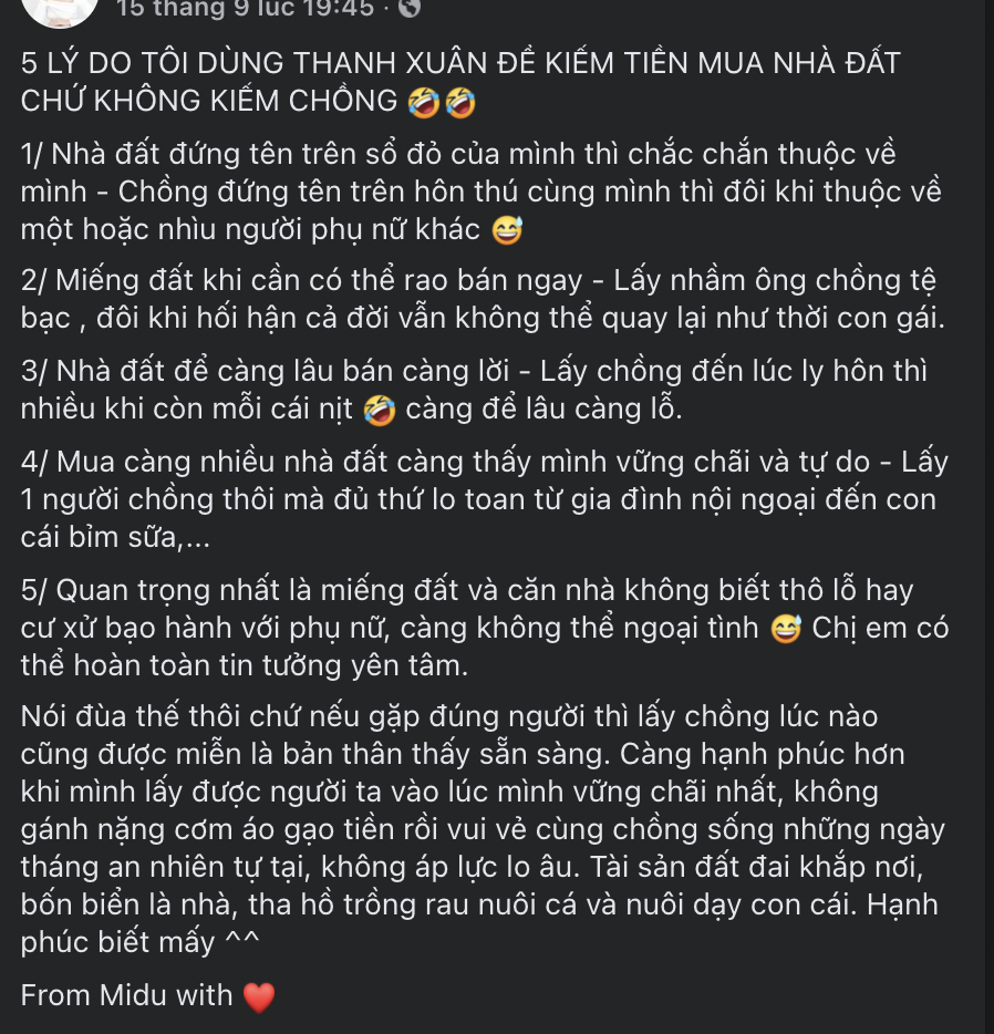 Dòng trạng của Midu mới đây thu hút sự chú ý. Ảnh: Facebook Dòng trạng của Midu mới đây thu hút sự chú ý. Ảnh: Facebook