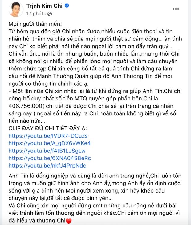 Phía Trịnh Kim Chi tung ra sao kê sao khi bị Thương Tín tố nhập nhằng tiền bạc. Ảnh: Facebook Phía Trịnh Kim Chi tung ra sao kê sao khi bị Thương Tín tố nhập nhằng tiền bạc. Ảnh: Facebook