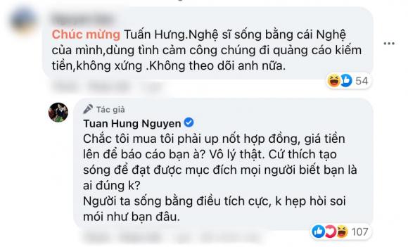Dòng đáp trả cực gay gắt của Tuấn Hưng. Ảnh: Facebook Dòng đáp trả cực gay gắt của Tuấn Hưng. Ảnh: Facebook