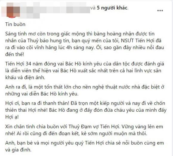 Bạn bè của cố NS không khỏi bàng hoàng. Ảnh: Facebook