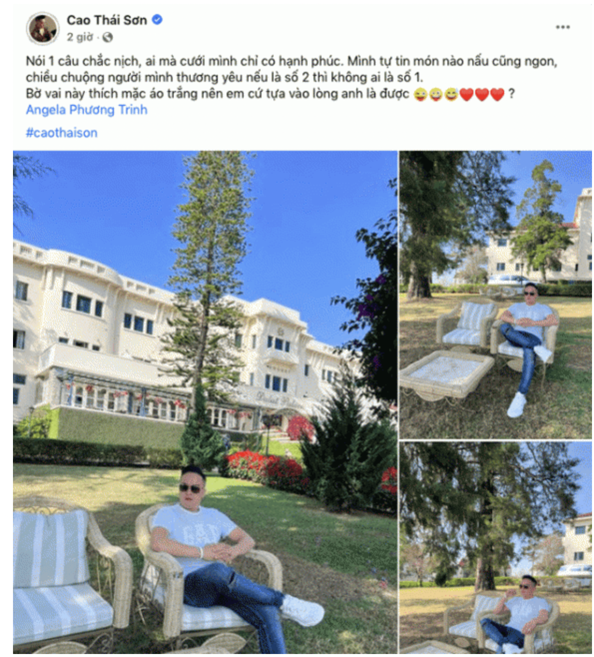 Phớt lờ sự tức giận của Nathan Lee, Cao Thái Sơn vẫn miệt mài thể hiện tình cảm với Angela Phương Trinh. Ảnh: Facebook