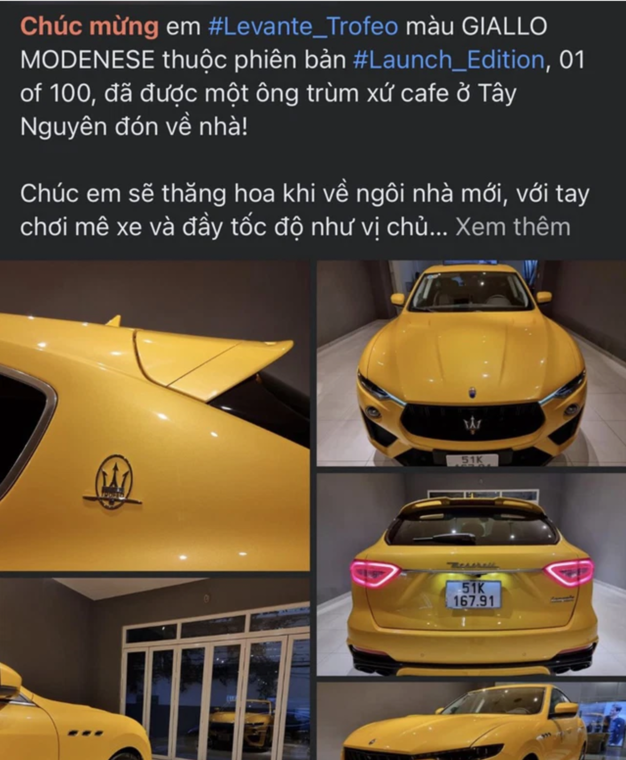 Dòng thông báo tiết lộ 'ông trùm xứ cafe ở Tây Nguyên' là chủ nhân của siêu xe bạc tỷ đắt đỏ. Ảnh: Facebook