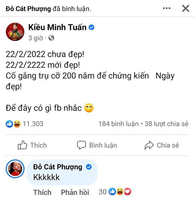Sau đó rất lâu mới thấy Cát Phượng tương tác trên bài viết của Kiều Minh Tuấn. Ảnh: Facebook Sau đó rất lâu mới thấy Cát Phượng tương tác trên bài viết của Kiều Minh Tuấn. Ảnh: Facebook