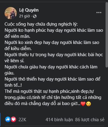 Lệ Quyên đăng tải hình ảnh và dòng trạng thái gây chú ý. Ảnh: Facebook Lệ Quyên đăng tải hình ảnh và dòng trạng thái gây chú ý. Ảnh: Facebook