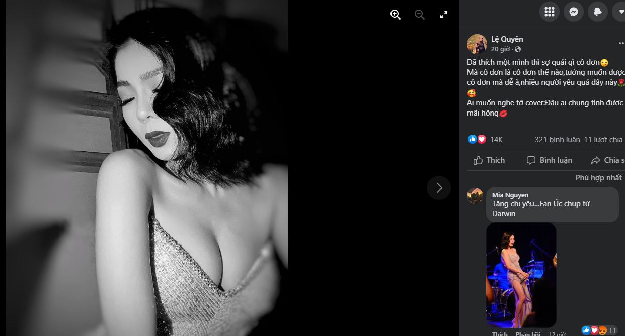 Dòng trạng thái mới của Lệ Quyên thu hút sự chú ý của dân tình. Ảnh: Facebook