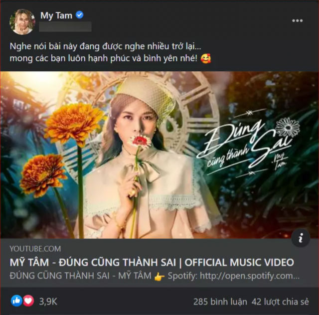 Mỹ Tâm cũng bị CĐM cho rằng đang 'đá đểu' đàn em. Ảnh: Facebook Mỹ Tâm cũng bị CĐM cho rằng đang 'đá đểu' đàn em. Ảnh: Facebook