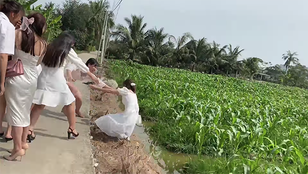 Rất may mắn là bạn của Kiều đã không bị ngã xuống ruộng, nếu không thì hẳn cô bạn đã có màn bắt hoa cưới nhớ đời.