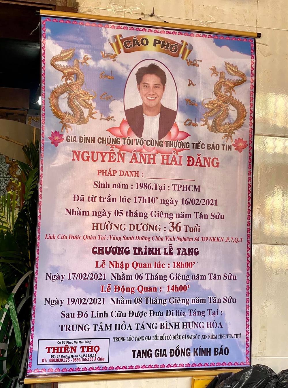 Cáo phó về lễ tang của cô diễn viên.